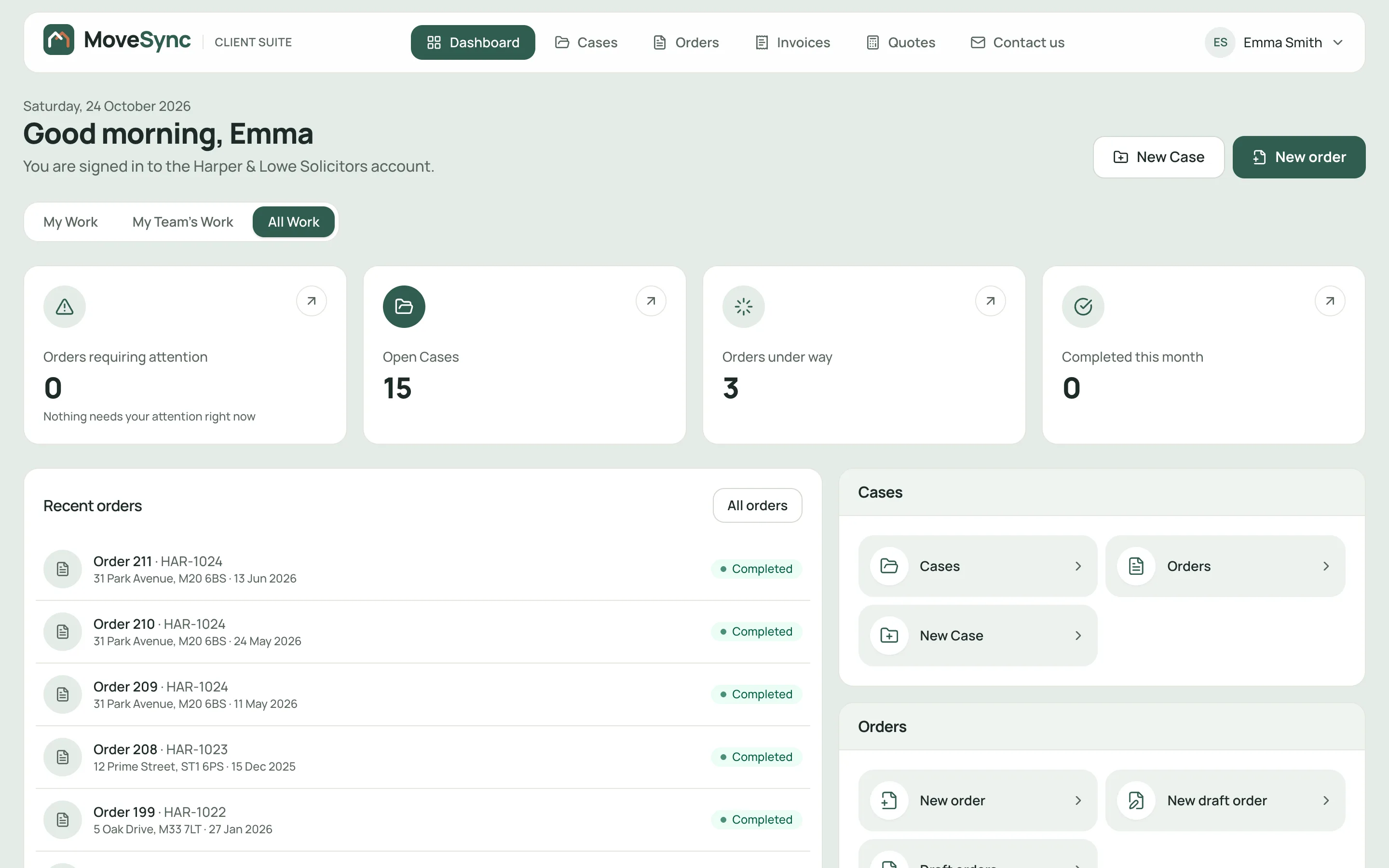 The Client Suite dashboard in MoveSync's own colours