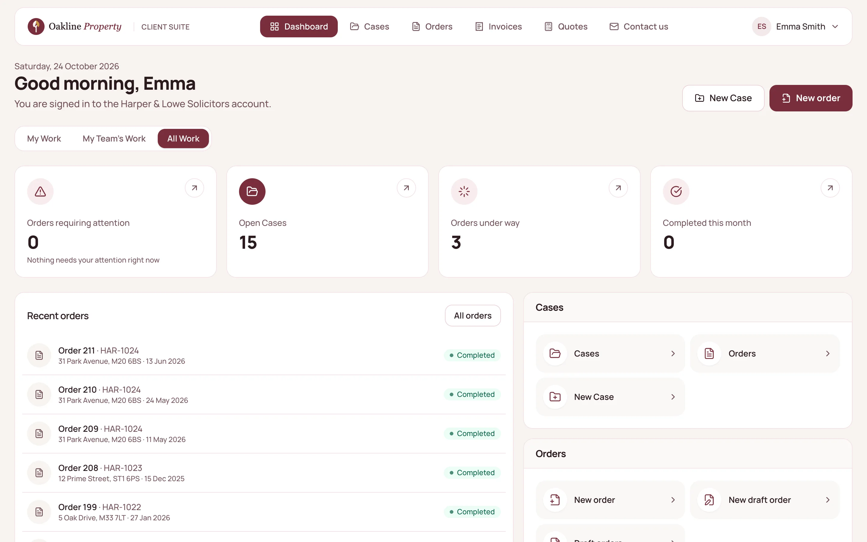 The same dashboard branded as an example company, Oakline Property